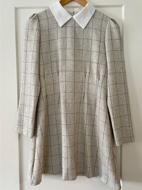 Goodnight Macaroon Cream Windowpane Long Sleeve Dress with White Collar